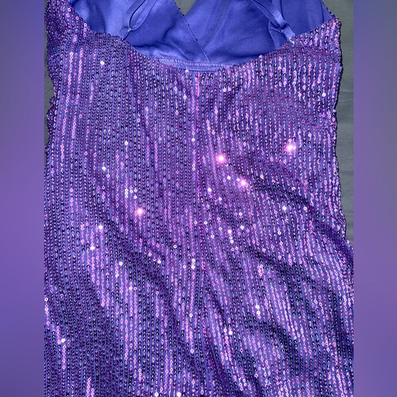 D&M Criss Cross Backless Ruched Side Wrap Hem Purple Sequins Dress, Size Small - Picture 6 of 7